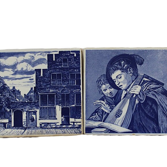 Vintage Delft Blue Wall Tiles – Dutch Scene & Musical Boys – Pair of 2 – 6"x6" - Picture 1 of 7